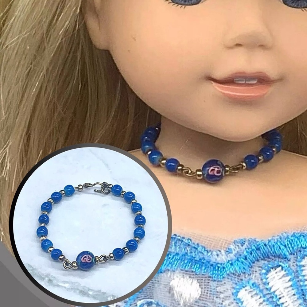 Blue Glass Flower Design Beaded Wire Doll Necklace 14” Wellie Wisher Doll
